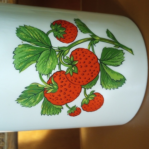 Vintage Ceramic Strawberry Cookie Jar/ Canister w/ Wood Lid. Cream Red Green - Picture 2 of 7